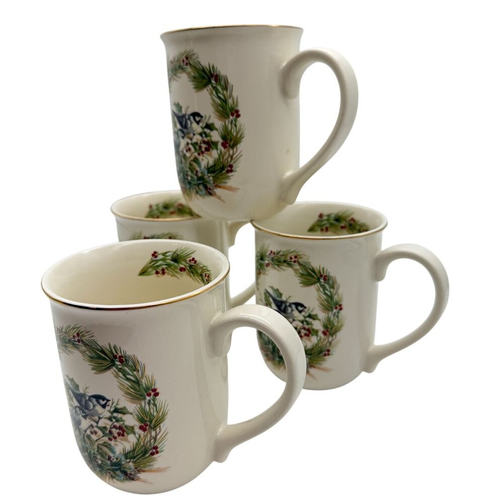 Gibson Greeting Otagiri Christmas Chickadee Wreath coffee mug set tea 4 in box V - Picture 4 of 14